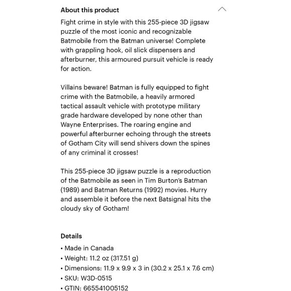 Batman Batmobile 3D Puzzle 255 Pieces Wrebbit3D DC Comics Collectible - Picture 12 of 12